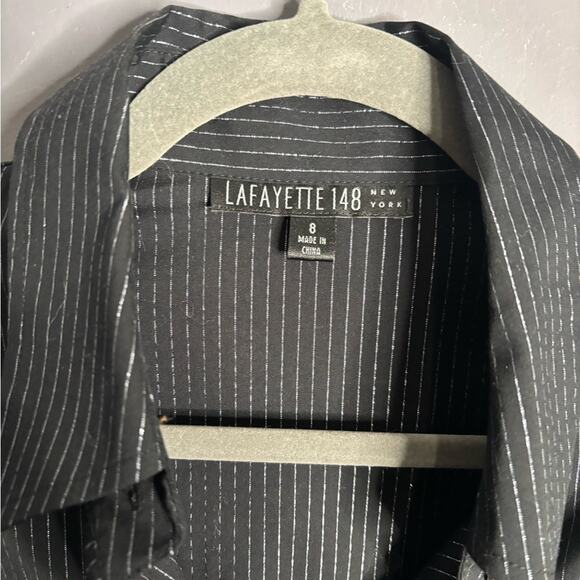 Lafayette 148 Black Long Sleeve Button Down Shirt w Silver Metallic Stripes Sz 8 - Picture 4 of 6